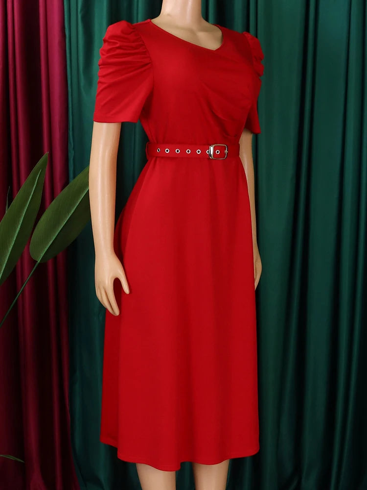 Summer Solid Plus Size Short Sleeve Slim Belt Tight Curvy Dress