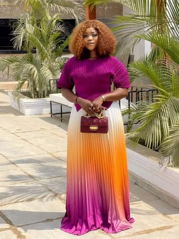 Fashion V Neck Short Batwing Sleeves Irregular Hem T-shirt & New Gradient A-line Folds Long Skirt