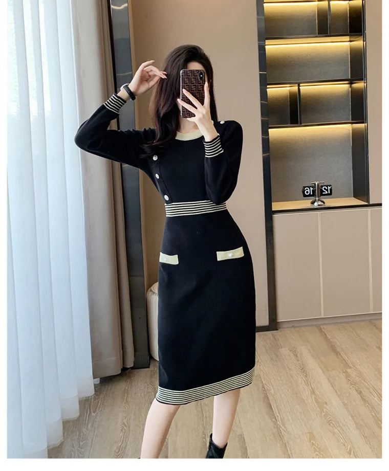 2023 Autumn Winter Korean Colorblocked Long Sleeve Pencil Dress