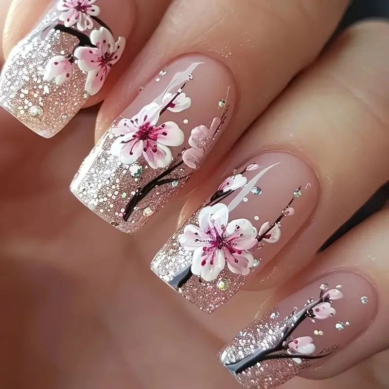 24pcs Press on Nails Flower Design