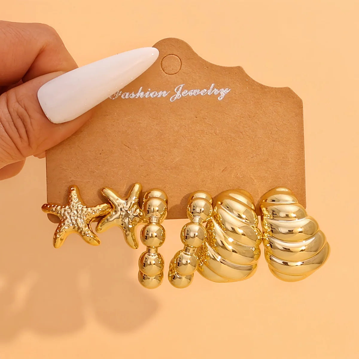 9-Pair Golden Resin Earrings Set – Starfish, Seashell &amp; Textured C-Shape Collection