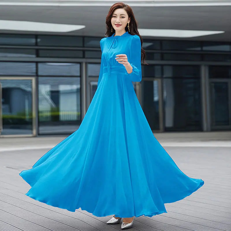 Spring Autumn Fashion Belt Elegant Casual O-neck Long Sleeve Slender Dresses