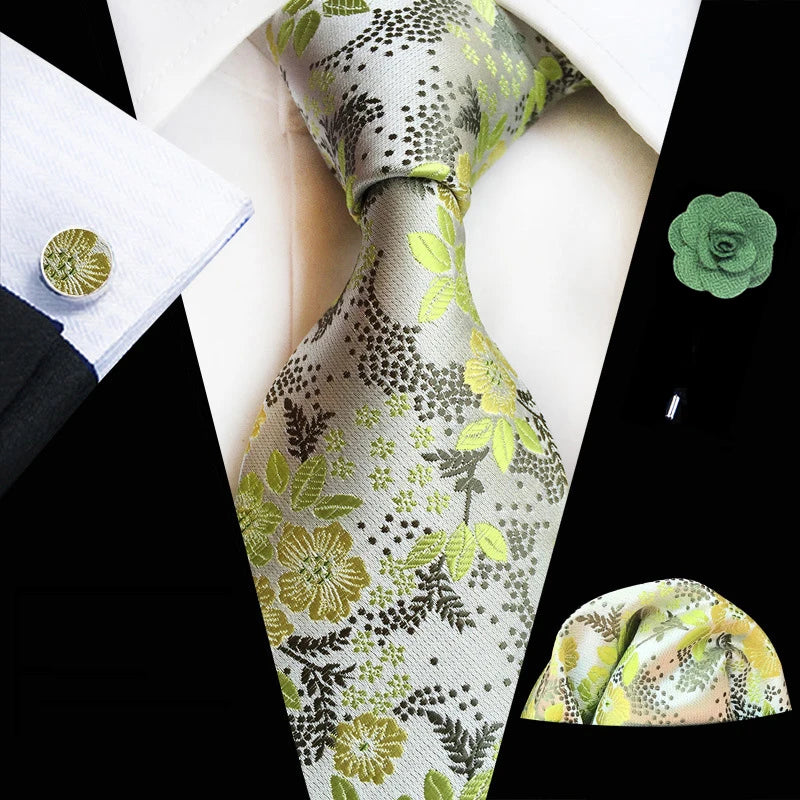 Floral  Neck Tie Set Handkerchief Brooch Cufflinks Men Accessories