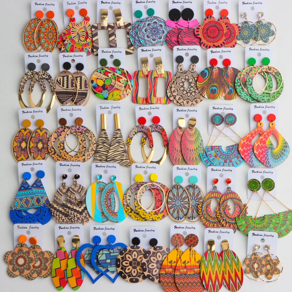 10 Pairs Boho Ethnic Print Wooden Earrings – Colorful Geometric Statement Set