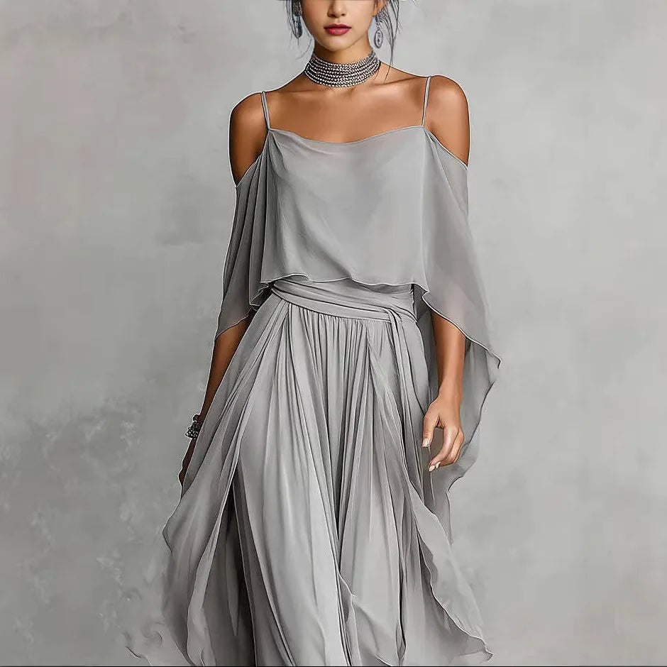 New Solid Asymmetrical Two Piece Set – Off Shoulder Top & Wide Leg Pants