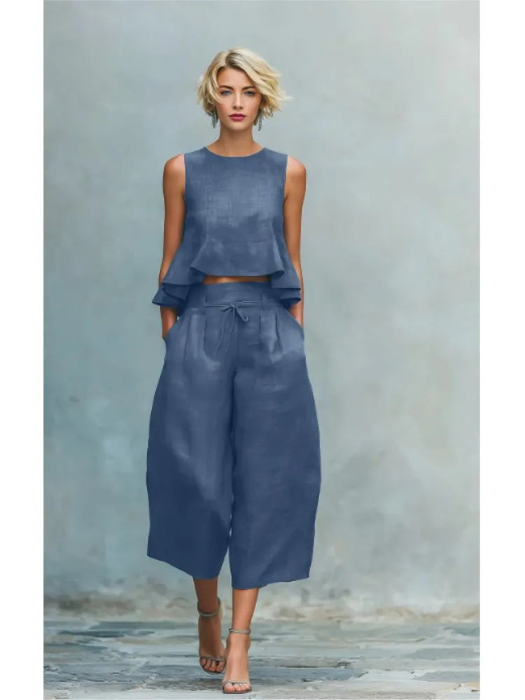 New Linen Ruffled Crop Vest & 9/10 Wide-Leg Pants Set – Effortless Chic, All Day Comfort