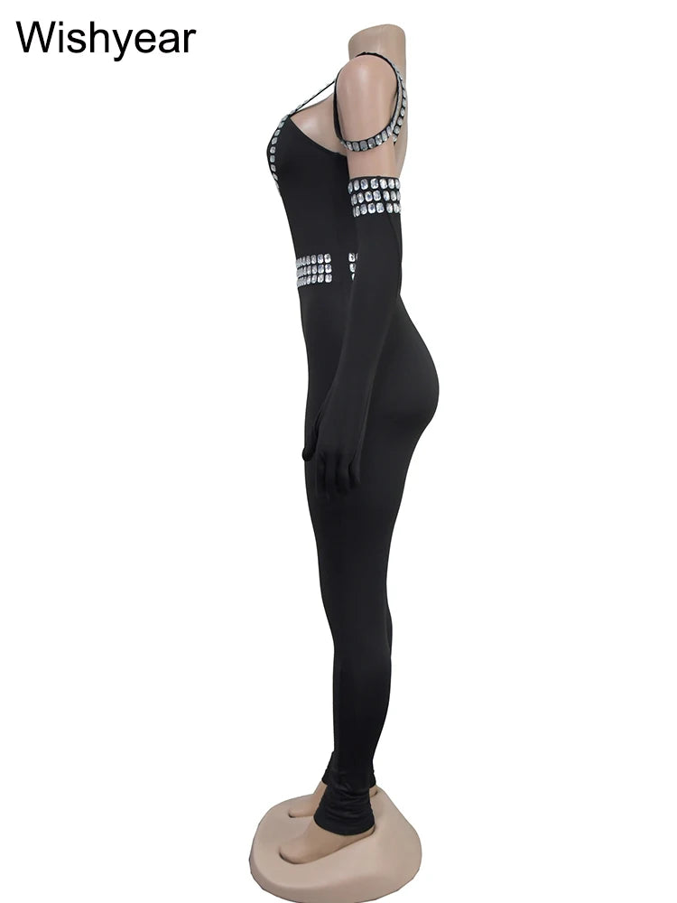 Sexy Backless Rhinestone Bodycon One Piece JumpsuitvWith Gloves