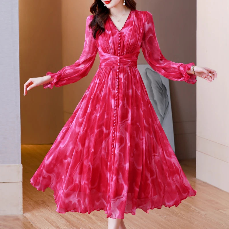 Summer New Long sleeved V-Neck French Silk Lace Splice Printed Waist Slim Over Knee Long Dress