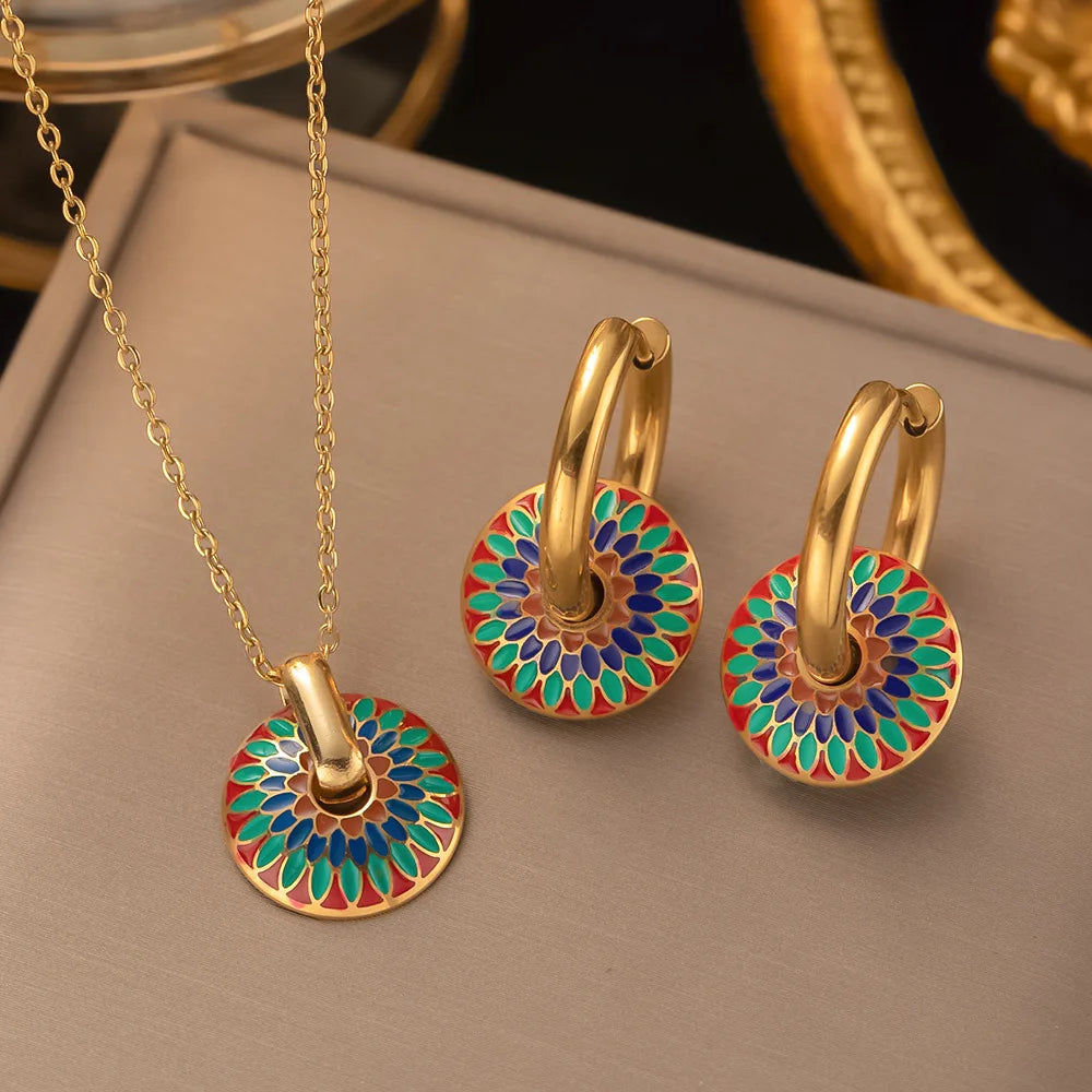 Stainless Steel Vintage Painted Flower Pendant Necklace & Earrings Set