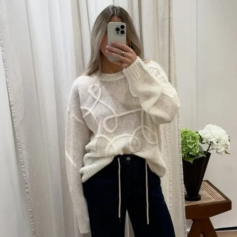 Solid Color Round Neck Long Sleeve Knitted Sweater