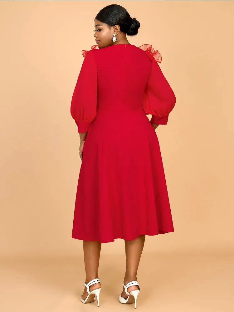 Red Long Sleeve A Line Dress with Peony Lantern Sleeves and Ruffled Flower Design