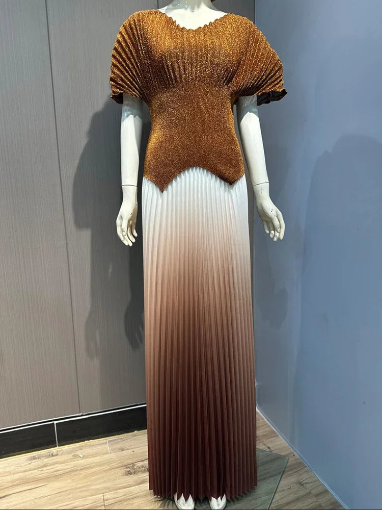 Fashion V Neck Short Batwing Sleeves Irregular Hem T-shirt & New Gradient A-line Folds Long Skirt