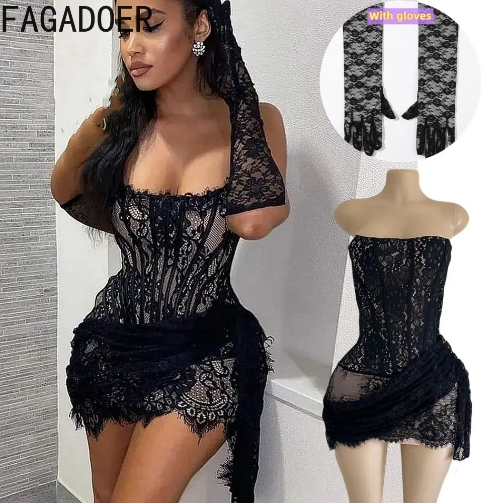 Vintage Elegant Lace Mesh See Through Bandage Dresses +Lace Gloves