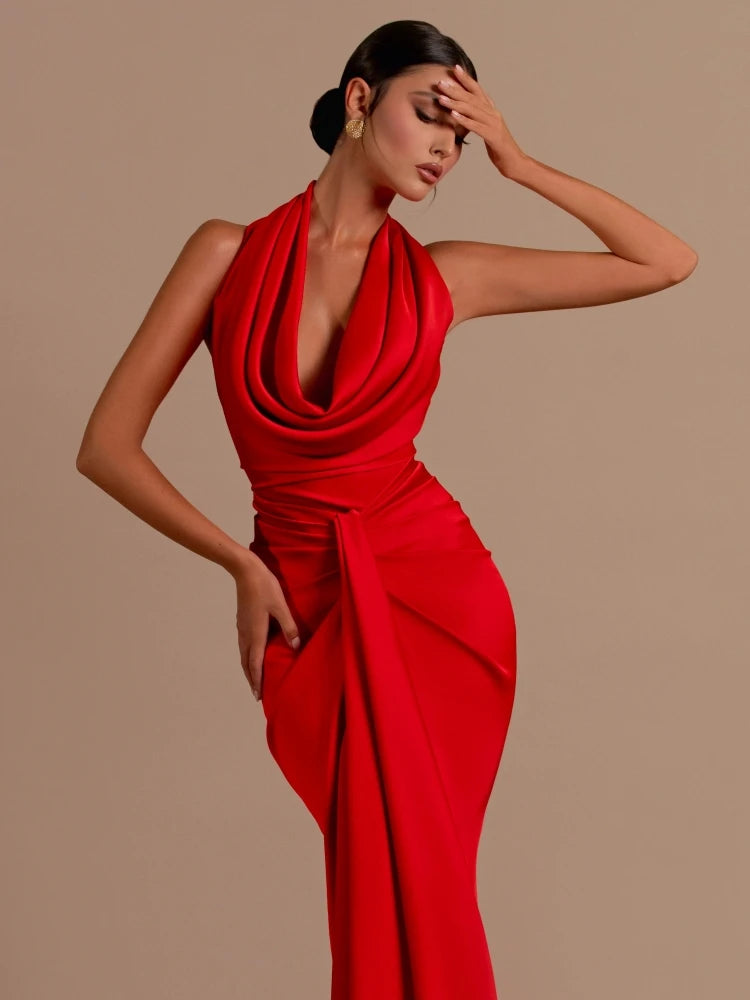 Sexy Swinging Collar Backless Pleated Red Sleeveless Draped Design Maxi Dress