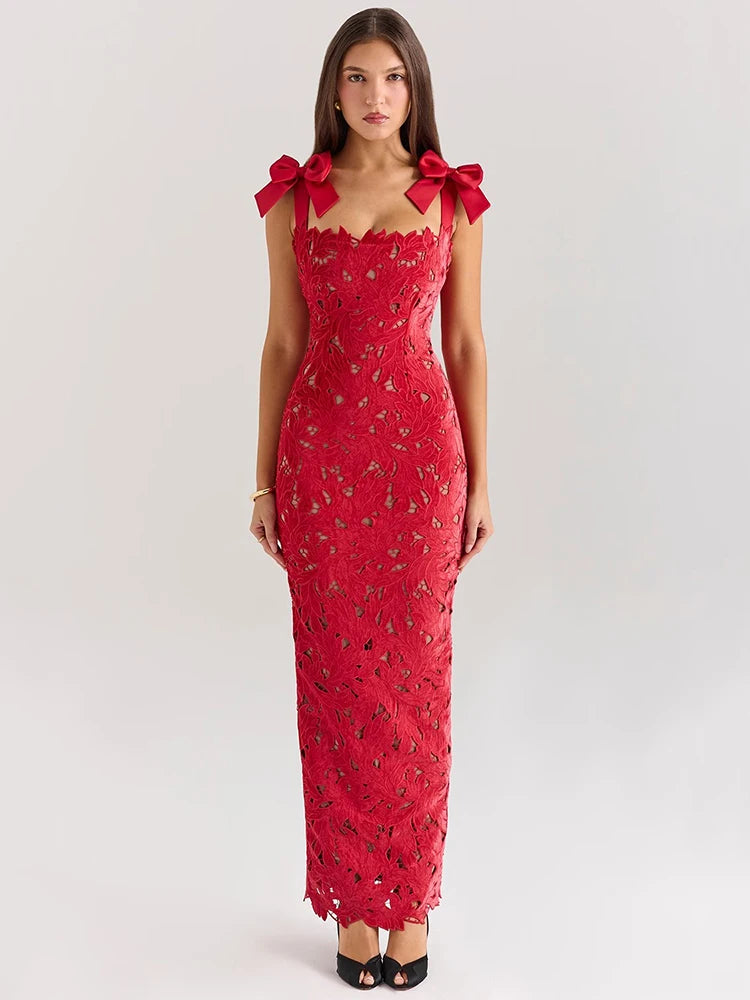 Bows Lace  Sleeveless Backless Bodycon Sexy Maxi Dress