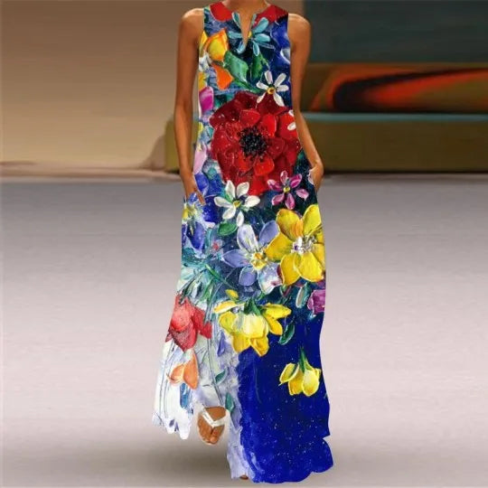 Summer Dress Sleeveless V Neck Floral Letter Print Maxi Long Dresses
