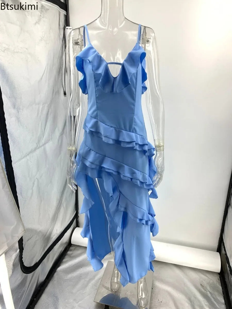 2026 Summer Sexy Ruffles Spaghetti Strap Maxi Dress
