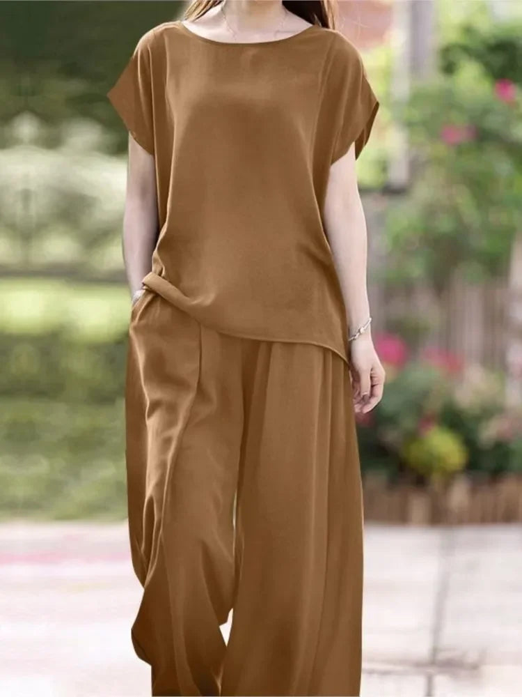 Retro Solid Color Loose Suit Short-sleeved Round Neck Casual Top Wide-leg Pants Sets