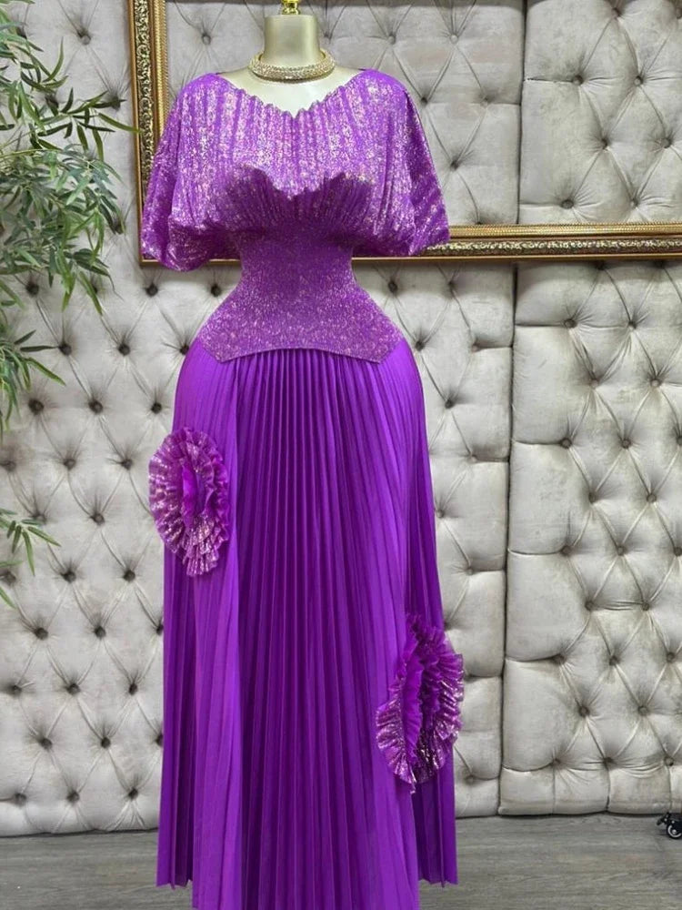 Fashion V Neck Short Batwing Half Sleeved Irregular Hem Top + 3D Flowers A-line Folds Skirt