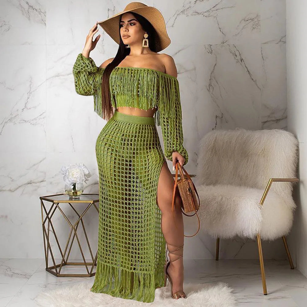 Beach Long Skirts Suit Off Shoulder Tassels Sexy Hollow Out Ensemble 2 Piece Set