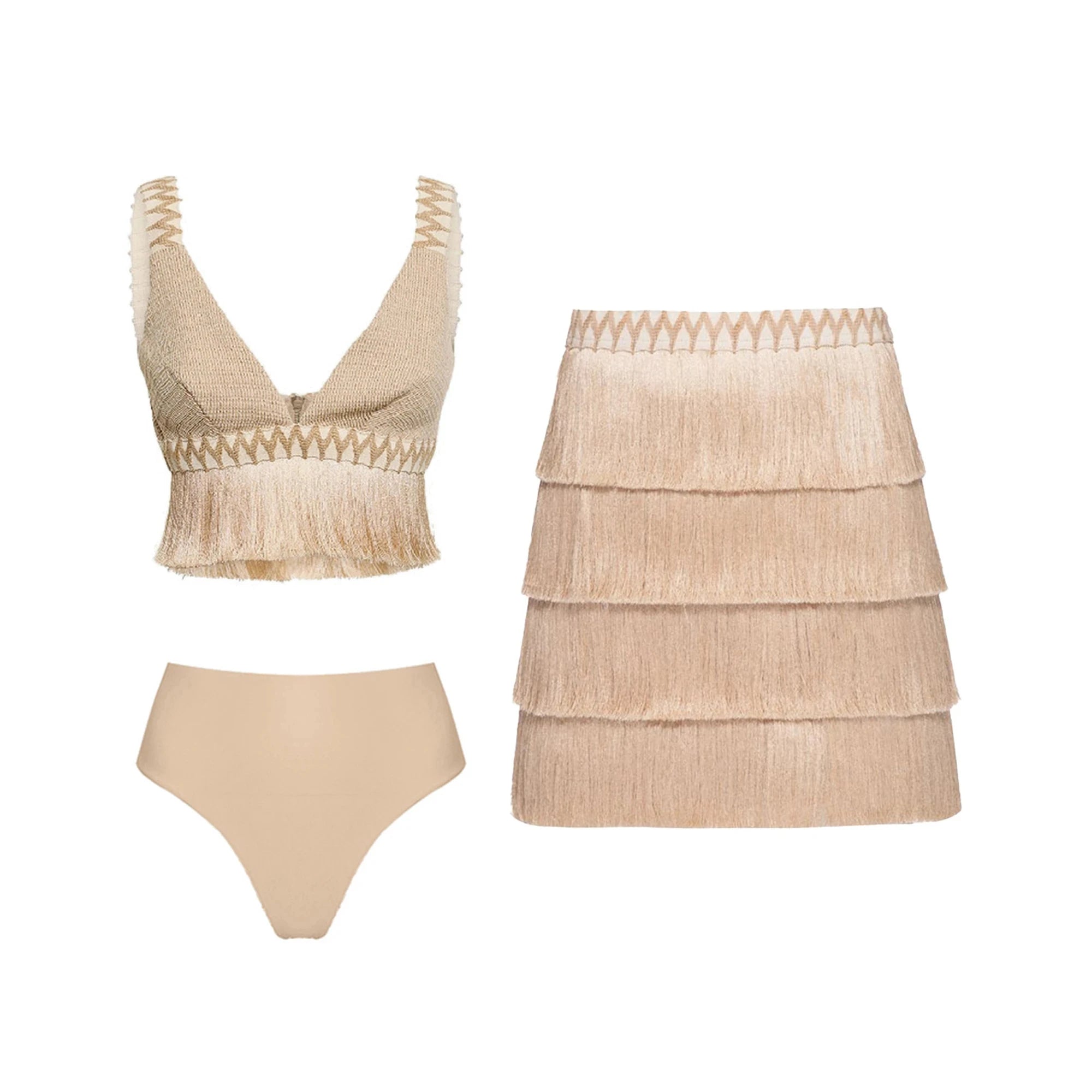 2025 V Neck Fringe Trim Bikini Swimsuit High Waist Swimwear with Skirt