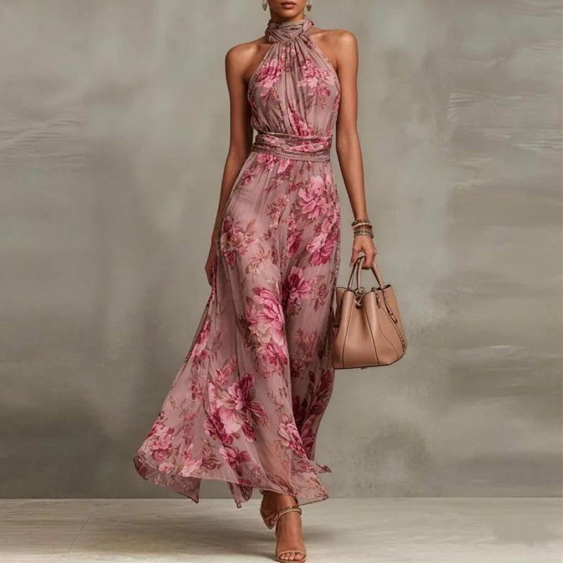 Elegant Floral Halter Off-Shoulder Chiffon Maxi Dress – Boho Summer Party & Beach Favorite