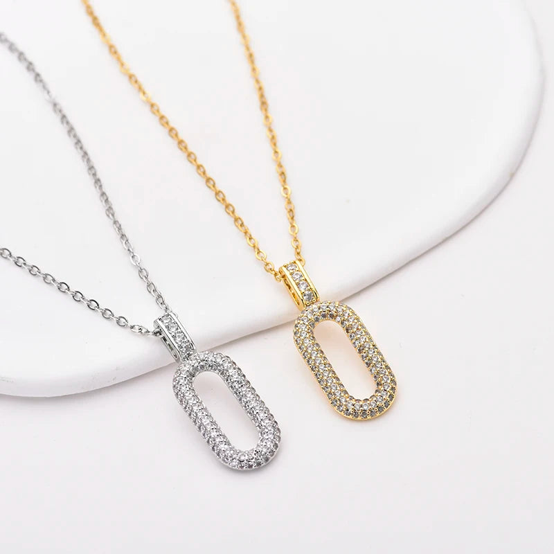 Oval Rectangle Hoop Zincon Pendant Necklace - Durable Stainless Steel