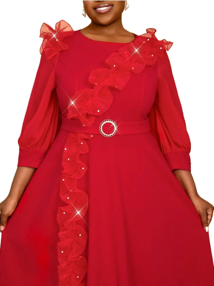 Red Long Sleeve A Line Dress with Peony Lantern Sleeves and Ruffled Flower Design
