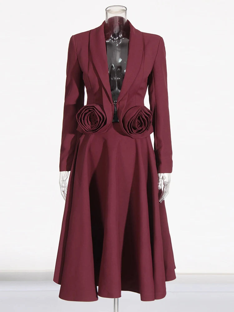 Solid Burgundy Lapel Long Sleeve Spliced Appliques Coats High Waist A Line Skirt Set