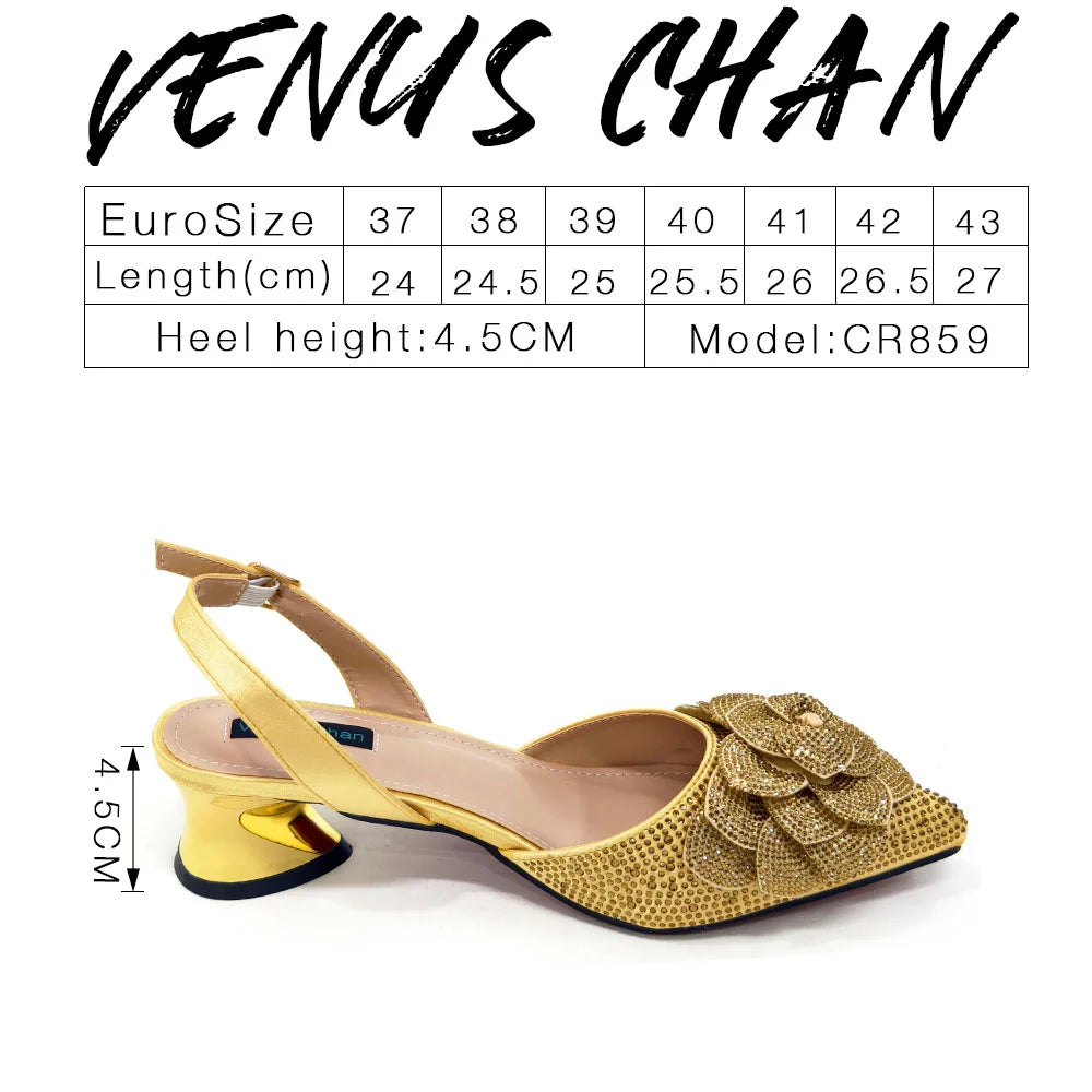 Italian Design Evening Shoes And Bags Paired With Handmade Petal Gold Colour Pointed Toe Mid-Heel Shoes For Women Party Shoes