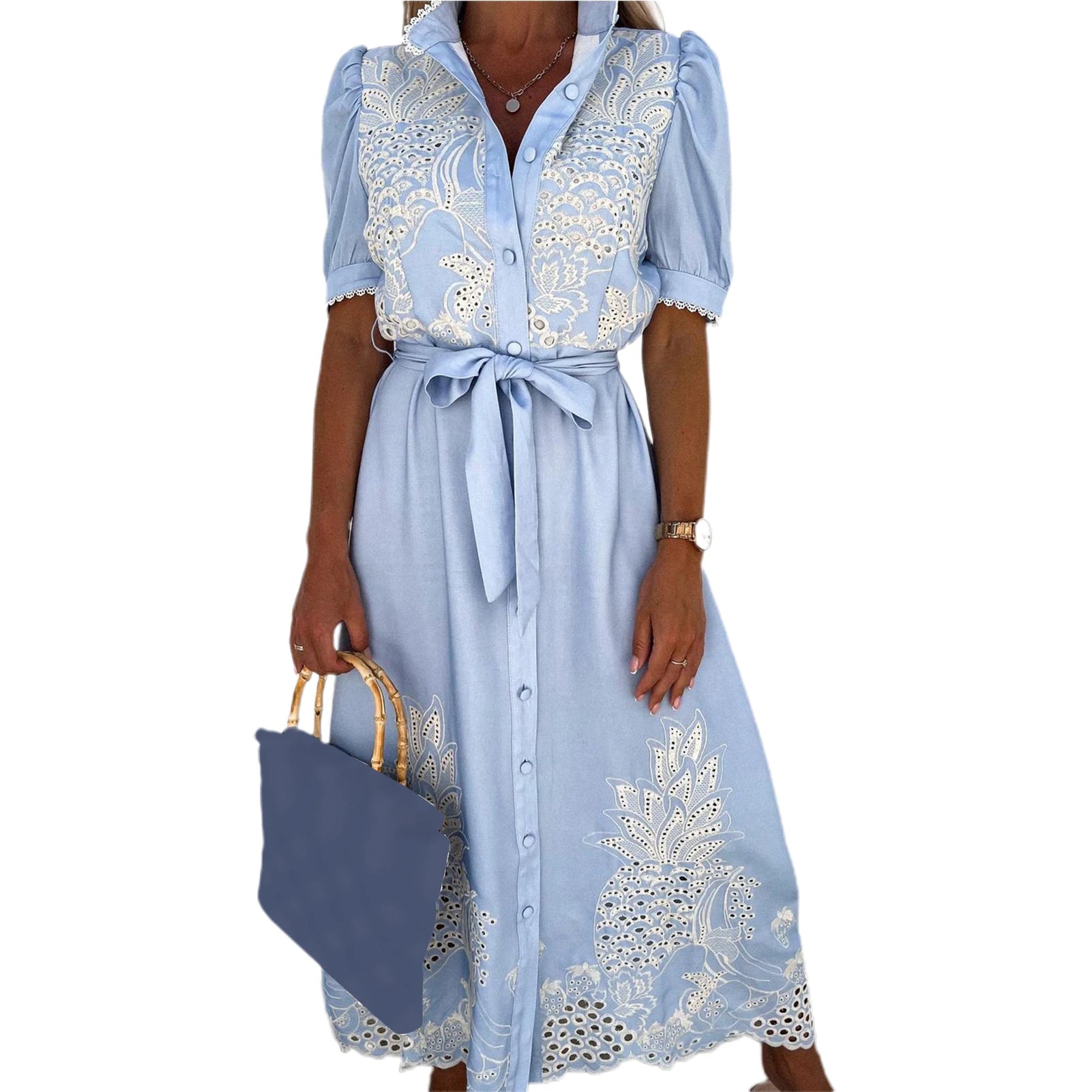 Hollow Embroidery Elegant Semi-turtleneck Short Sleeves Spring Summer Dress