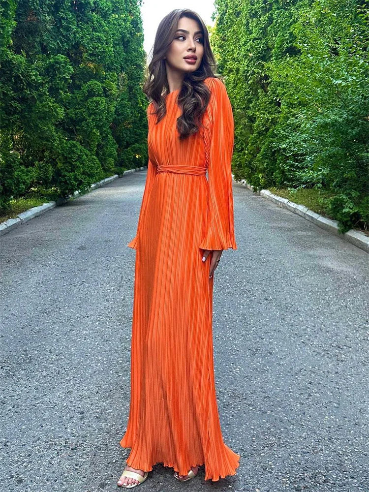 Long Sleeve Ruffled Lace-Up Ribbed Maxi Dress