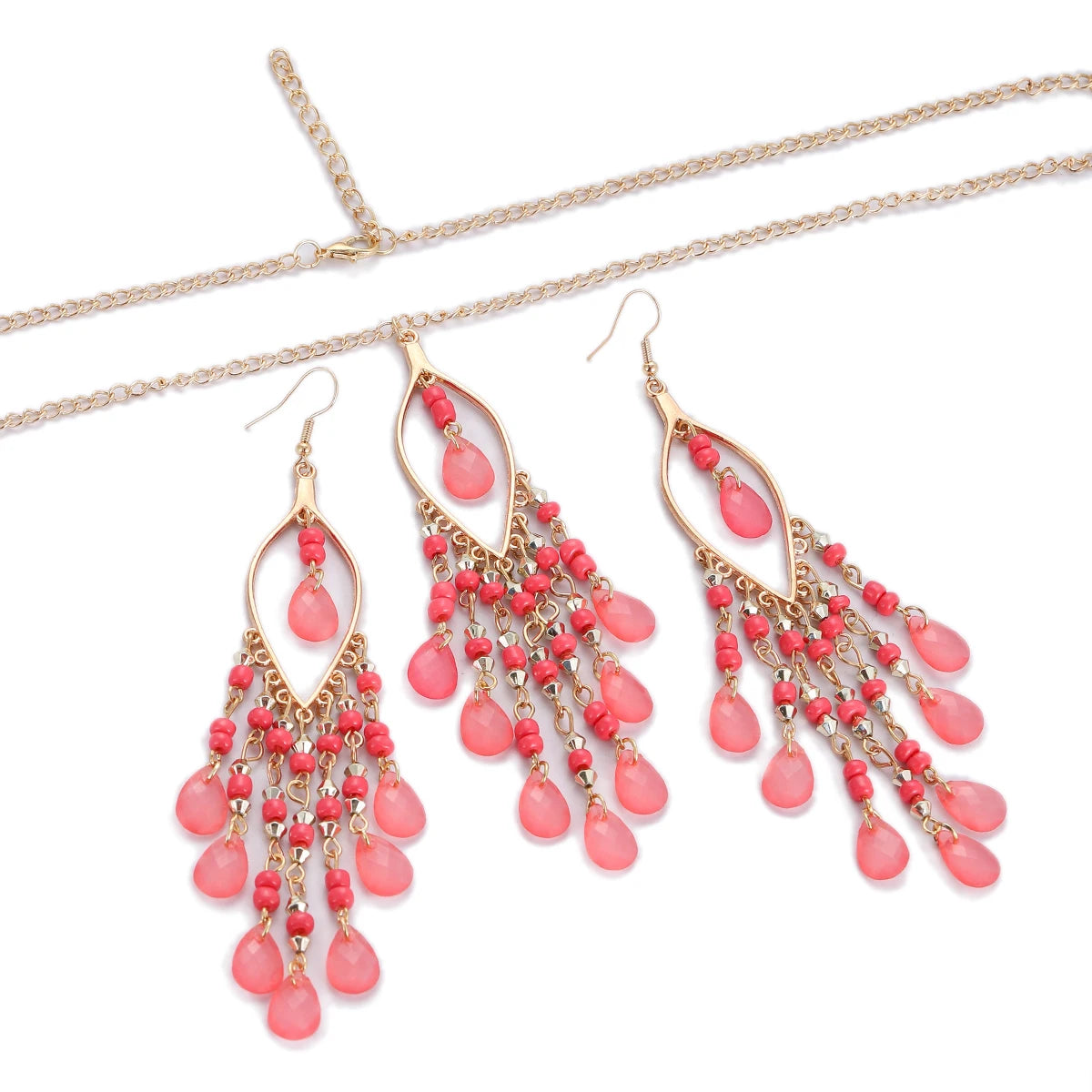 Bohemian Multicolor Crystal Long Tassel Dangle Earrings & Necklace Set – Retro Gold-Plated Geometric Wedding Jewelry