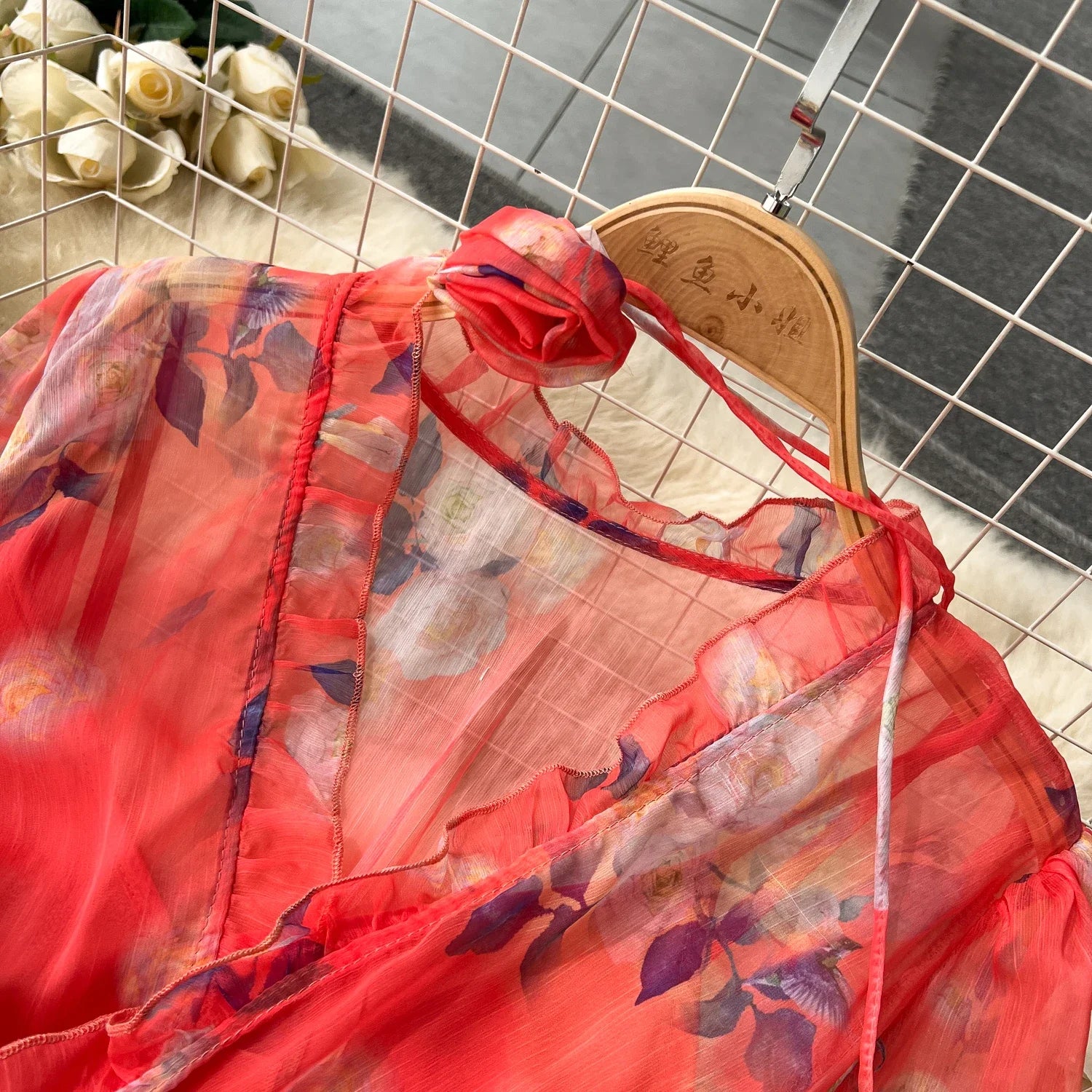 French Chic Elegant Chiffon Printed Lantern Sleeve V-neck 3D Floral Lace-up Dress