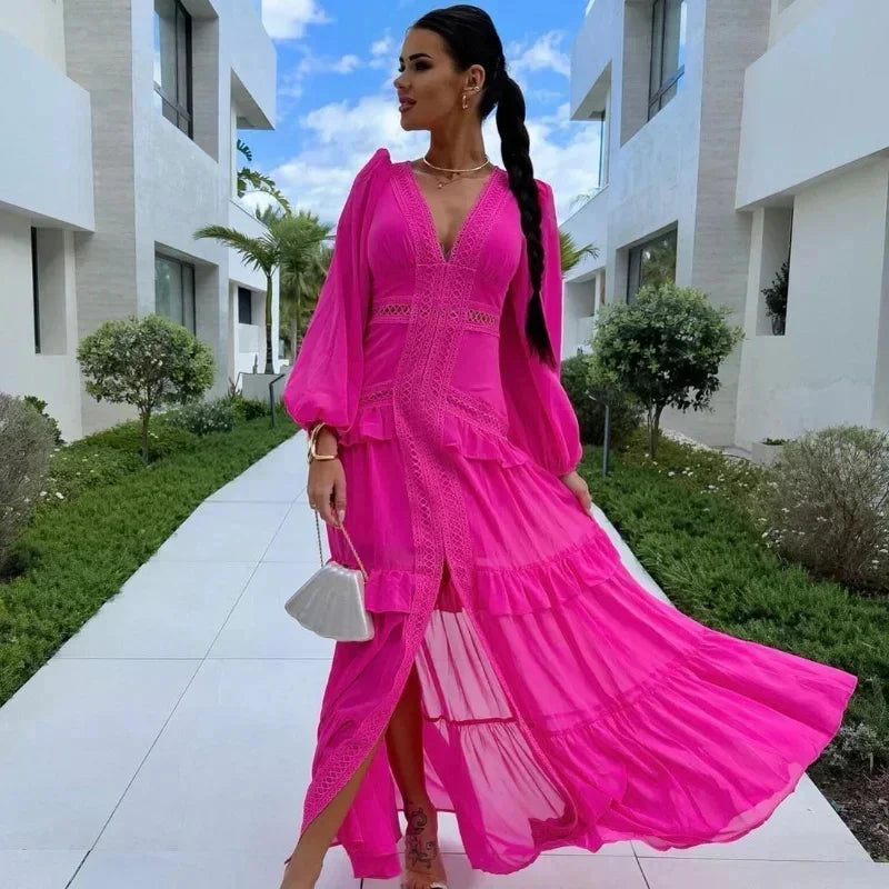 Elegant Hollow Lace  Patchwork Ruffle Deep V Neck Lantern Sleeves Maxi Dresses