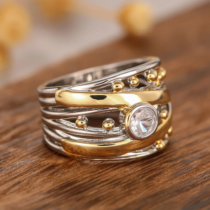 Noble Two-tone Rings with Brilliant Cubic Zirconia
