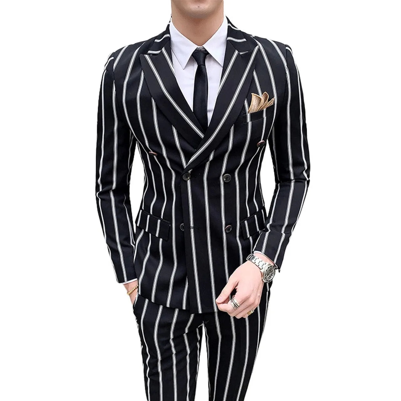 Double-breasted Wedding Groomman Pinstripe Notched Lapel For  (Blazer+Pants)