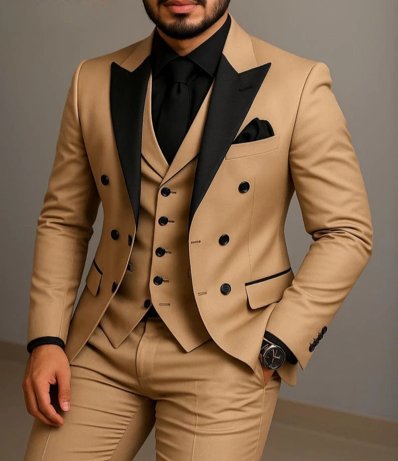 Beige Double Breasted Suit  Black Lapel  Slim Fit Wedding Suit