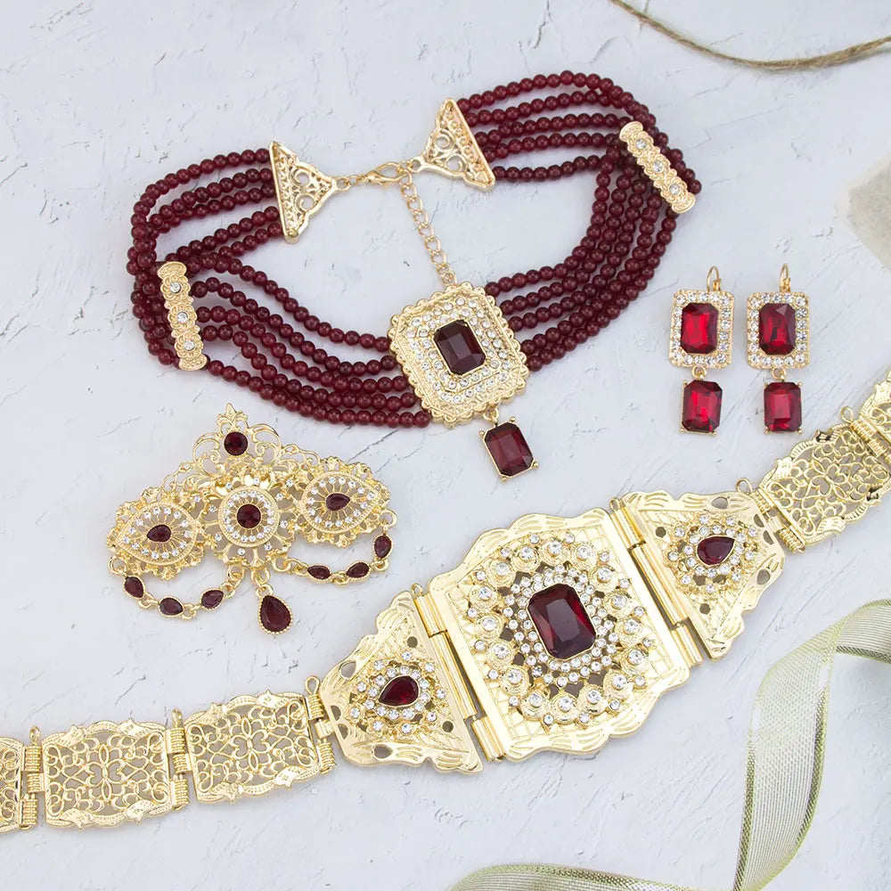 Chic Moroccan Caftan Belt Waist Chain Bead Choker Necklace Crystal Earring Brooch Pin Gold Color