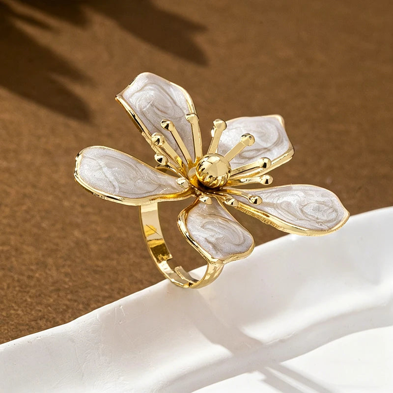 White Enamel Flower Adjustable Ring