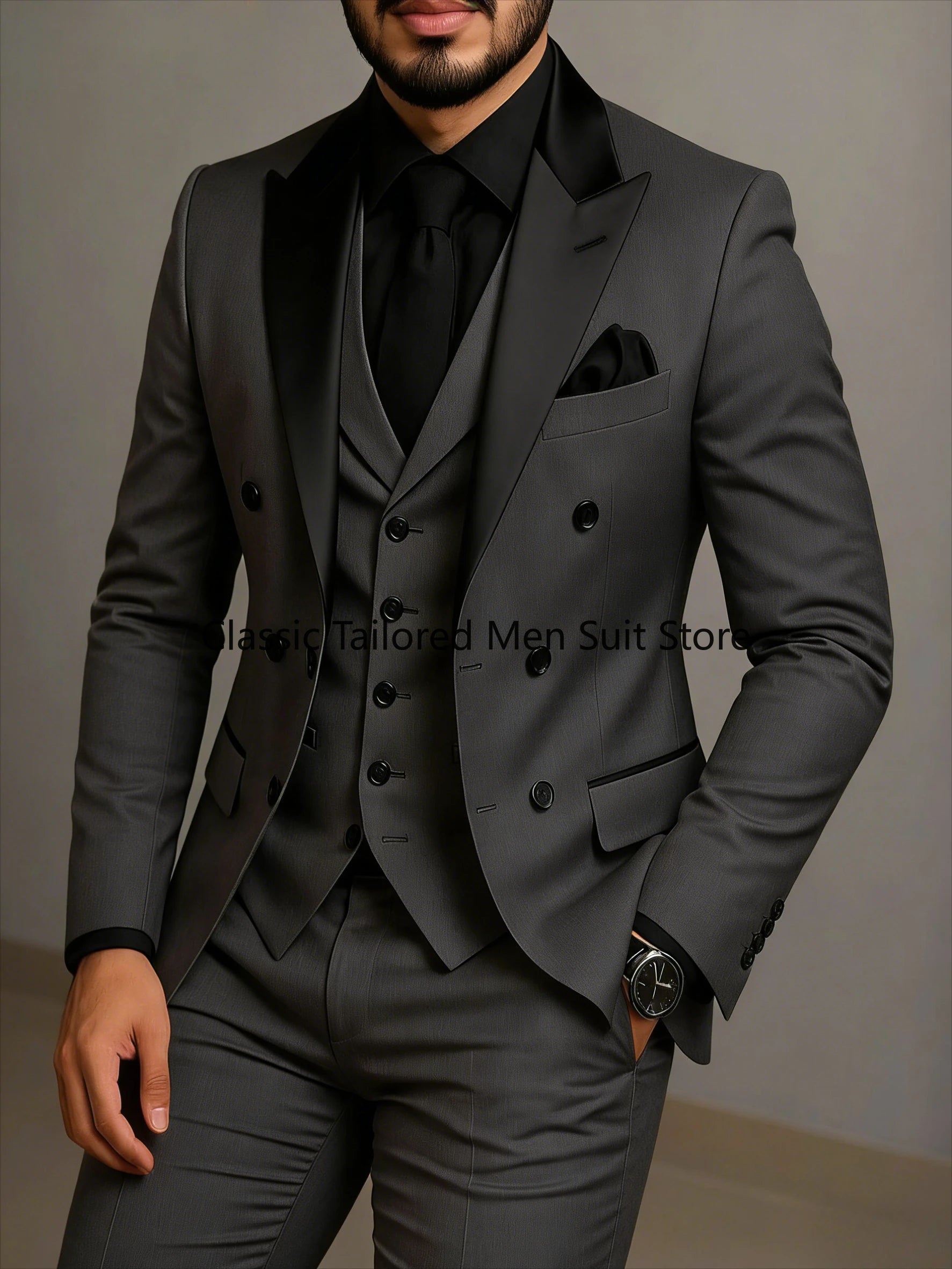 Beige Double Breasted Suit  Black Lapel  Slim Fit Wedding Suit