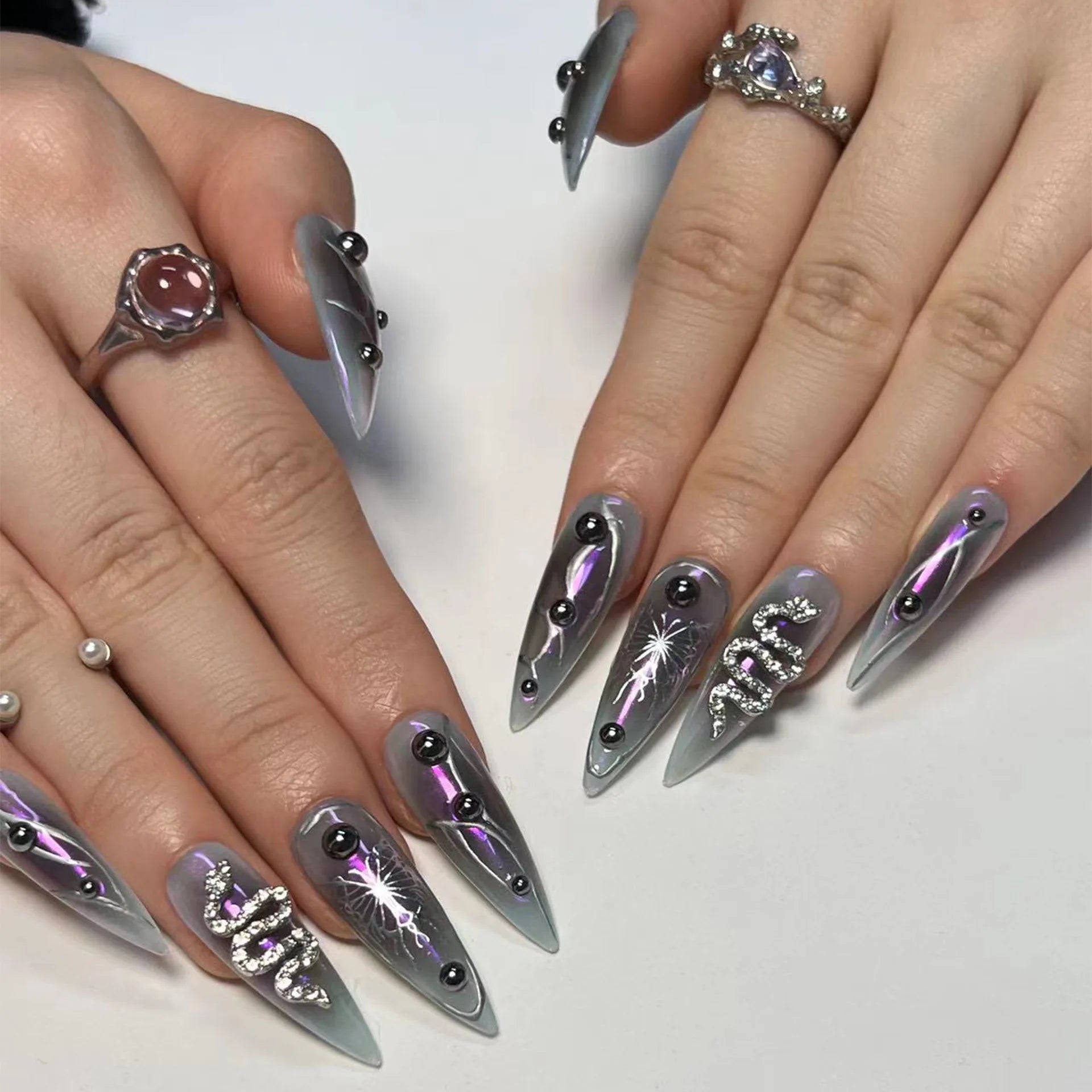 24Pcs Black Fake Nails with Diamond Halloween Long Almond False Nail Butterfly Design Wearable Oval Press on Nails Tips