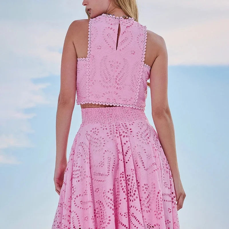 Slim Lace  O Neck Sleeveless Vest Top+Long Skirt Set