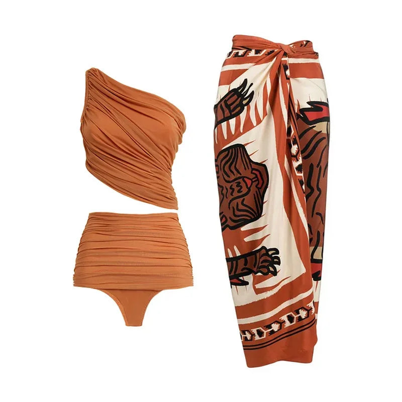 One-Shoulder Ruffled Print Floral Swimsuit Set Cover Up