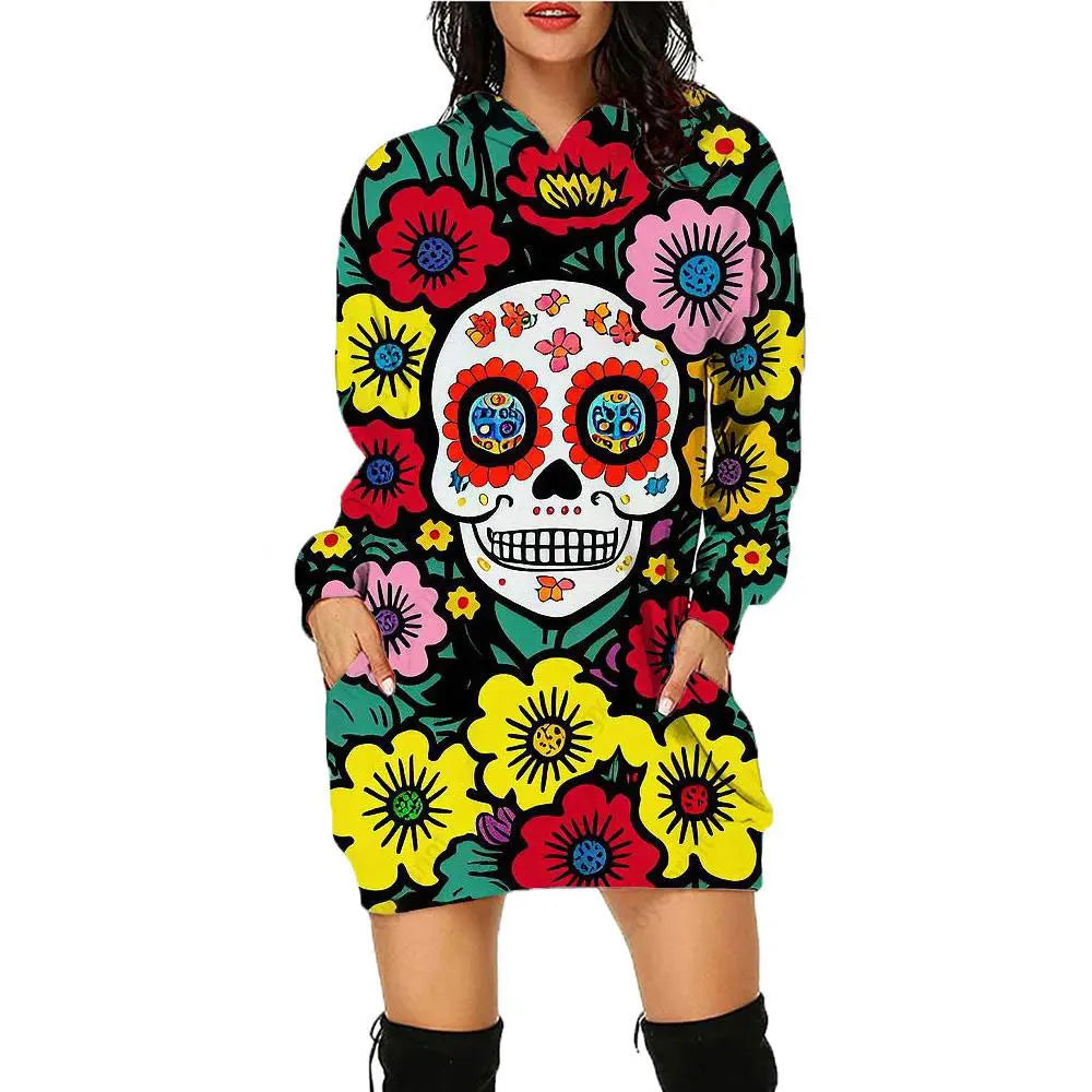 New 3D Print Skull Long sleeved Pullover Fashion Mid length Hoodie Dress