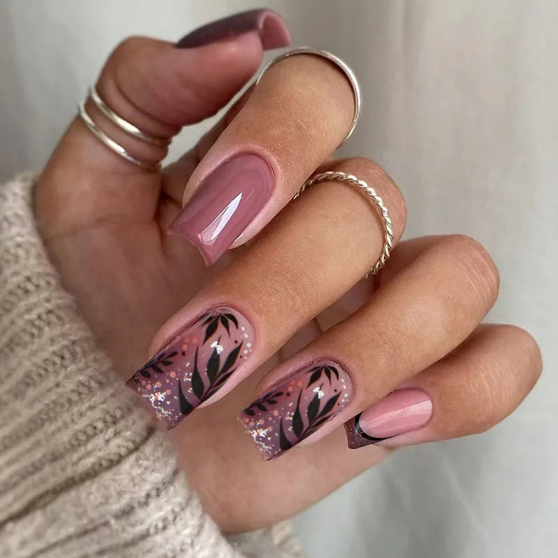 24Pcs Mid-length Square Press-On Nails with Golden Butterfly Design