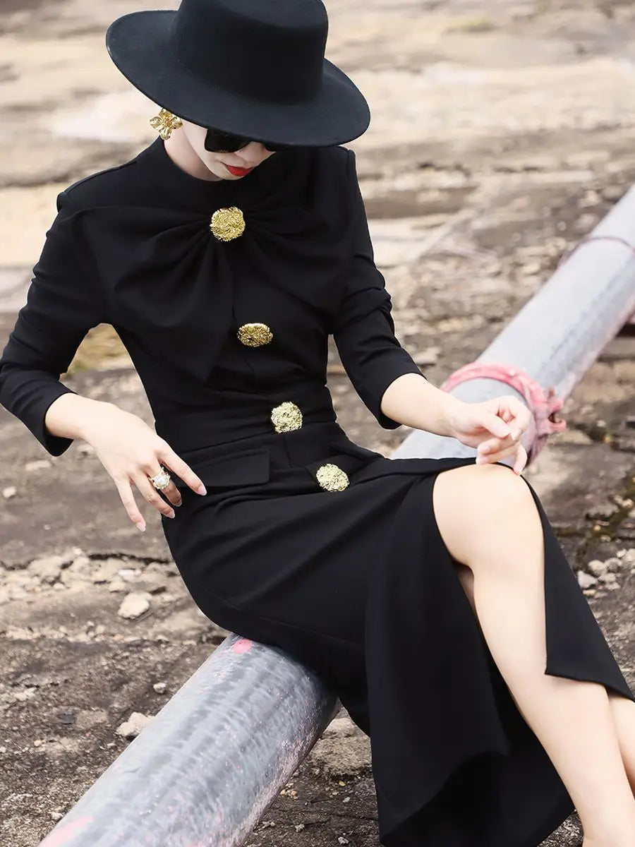 High End Autumn New Style Elegant Socialite Bow Metal Buckle Slim Fit and Solid Color Hip Hugging Dress