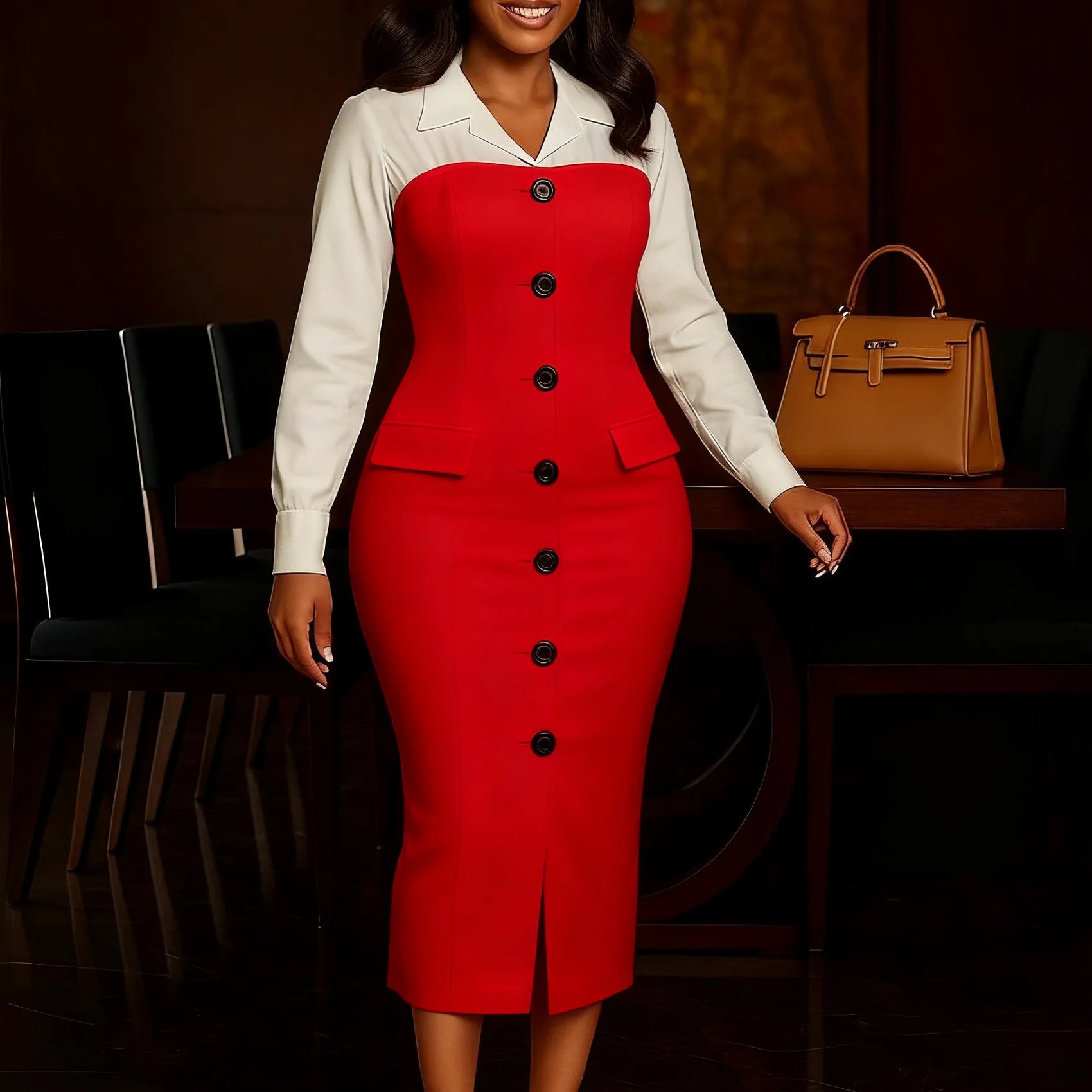 Autumn Winter Fashion Long-Sleeved Suit Collar Patchwork Pencil Skirt Dress