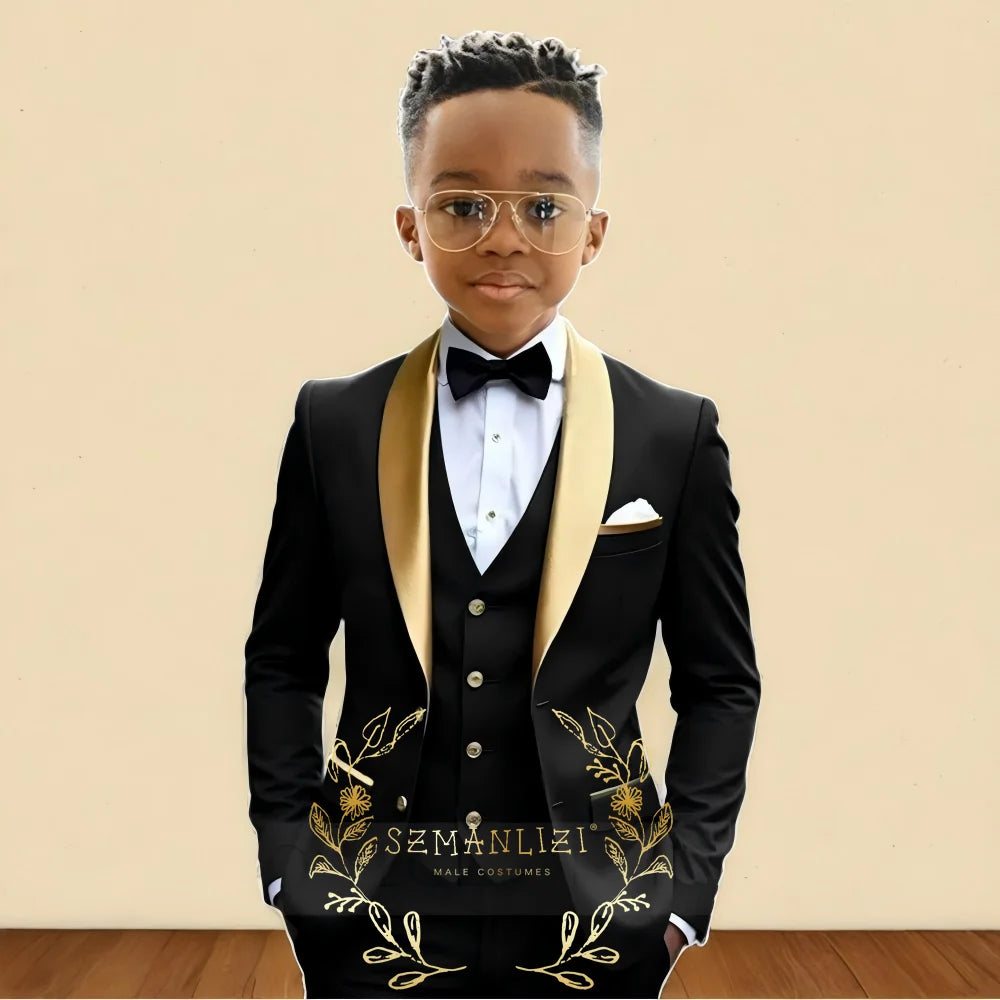 3‑Piece Boys Wedding Suit with Gold Shawl Lapel (2–16 Years)