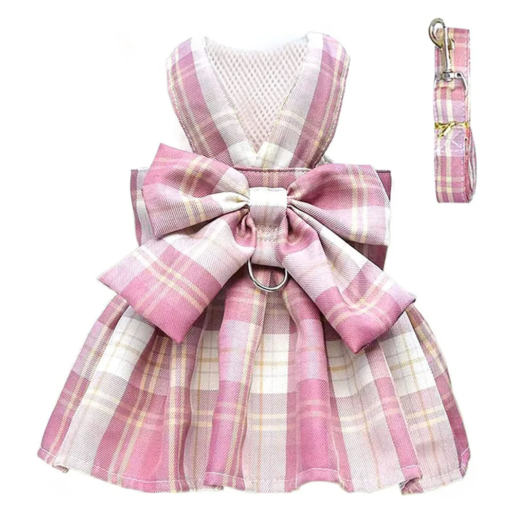 Plaid Dog Dress Bow Tie Harness Leash Set for Small Dogs Cats